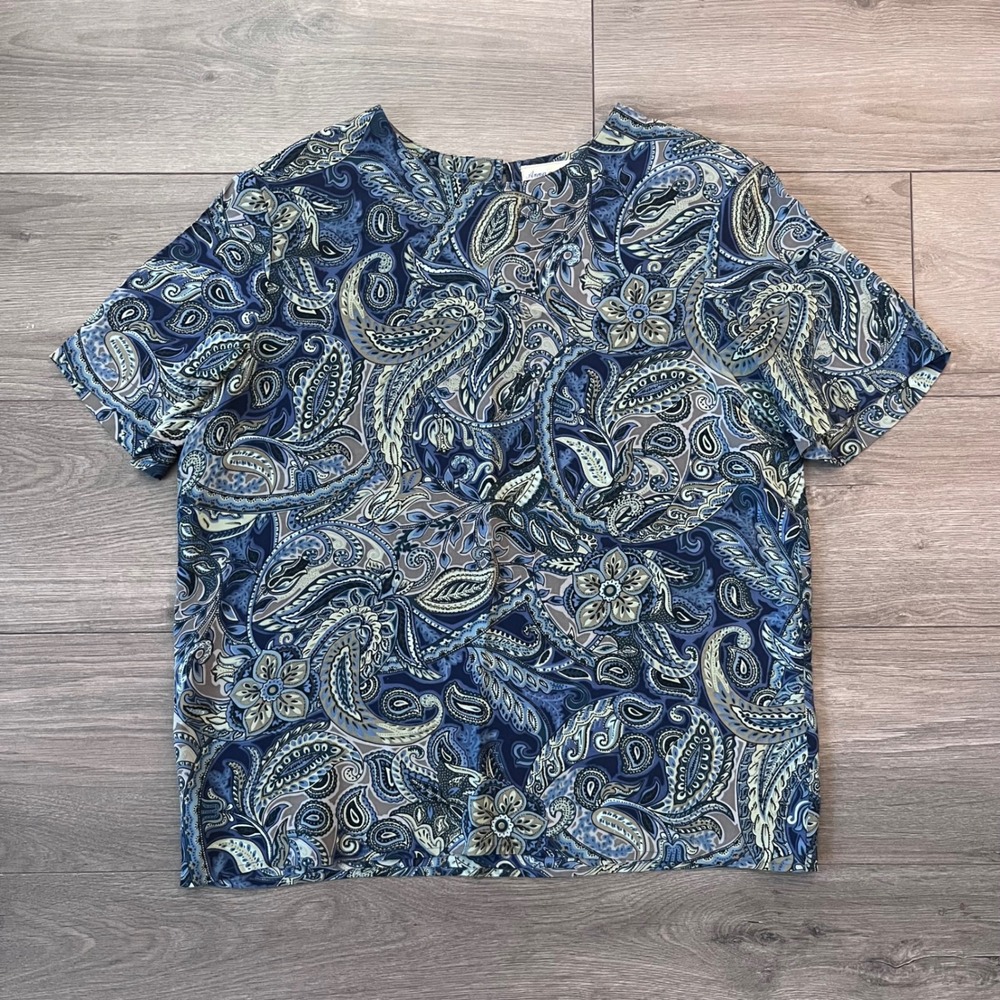 Anna and Frank Women Blue Paisley 100% Silk Short Sleeve Blouse Top Medium